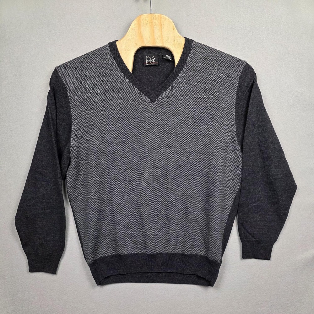 Jos. A. Bank Sweater Mens XL Dark Gray V-Neck 100% Merino Wool Herringbone Knit